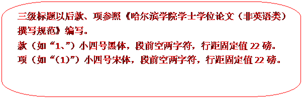 圆角矩形标注: 三级标题以后款、项参照《哈尔滨学院学士学位论文（非英语类）撰写规范》编写。款（如“1、”）小四号黑体，段前空两字符，行距固定值22磅。项（如“（1）”）小四号宋体，段前空两字符，行距固定值22磅。