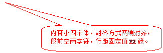 圆角矩形标注: 内容小四宋体，对齐方式两端对齐，段前空两字符，行距固定值22磅。