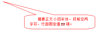 圆角矩形标注: 摘要正文小四宋体，段前空两字符，行距固定值22磅。