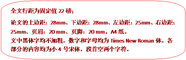 圆角矩形标注: 全文行距为固定值22磅；论文的上边距：28mm、下边距：28mm、左边距：25mm、右边距：25mm、页眉：20 mm、页脚：20 mm。A4纸。文中黑体字均不加粗，数字和字母均为Times New Roman体。各部分的内容均为小4号宋体，段首空两个字符。