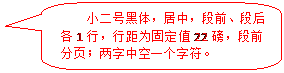 圆角矩形标注: 小二号黑体，居中，段前、段后各1行，行距为固定值22磅，段前分页；两字中空一个字符。