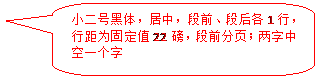 圆角矩形标注: 小二号黑体，居中，段前、段后各1行，行距为固定值22磅，段前分页；两字中空一个字